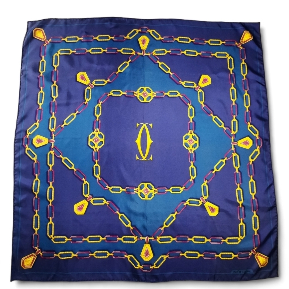 Pristine CARTIER Silk Twill Scarf 90cm Blue Square 35" + Horsebit Scarf Ring - Picture 5 of 13